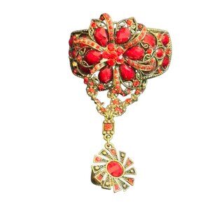 Antique-Style Red Crystal Bracelet With Dangling Charm & Attached Ring